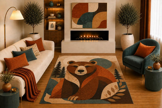 ICE ARMOR "Ultra Light Weight 5' x 7' Brown Bear Area Rug Mid Century Geometric Woodland Art in Rust Teal Beige for Living Room Bedroom Cabin Lodge Non-Slip Silicone Backing Low Pile