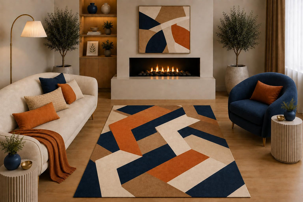 ICE ARMOR "Ultra Light Weight 5' x 7' Modern Geometric Area Rug Navy Blue Orange Beige Tan Abstract Linear Design for Living Room Bedroom Dining Room Office Non-Slip Silicone Backing Low Pile