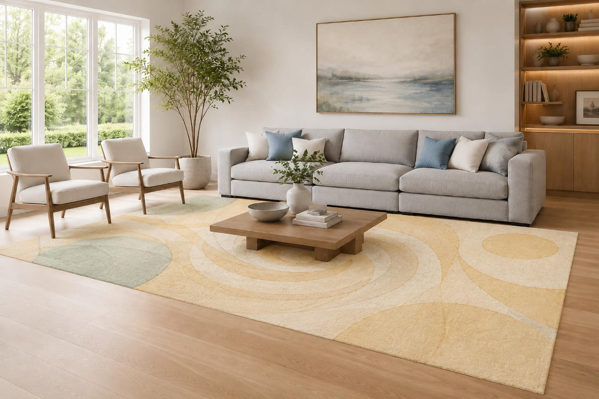 ICE ARMOR Large 6'7" x 9'10" Mustard and Cream Solar Rings Area Rug for Living Room, Soft Low Pile Carpet with Non-Slip Silicone Backing, Decor for Bedroom, Dining Area and Home Office