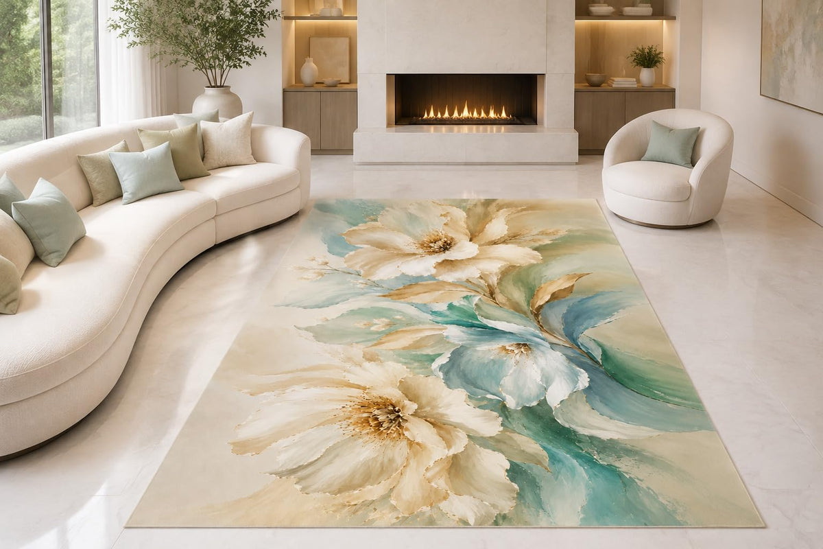 ICE ARMOR "Ultra Lightweight Large 6'7" x 9'10" Magnolia Watercolor Area Rug for Living Room, Bedroom and Home Office, Soft Low Pile Carpet with Non-Slip Silicone Backing, Aqua and Cream