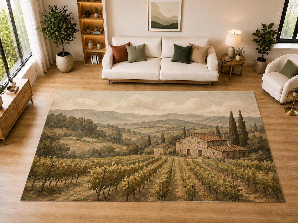 ICE ARMOR "Ultra Light Weight Large 6'7" x 9'10" Tuscan Vineyard Estate Area Rug for Dining, Living Room, Bedroom, Soft Low Pile Indoor Rug with Non-Slip Silicone Backing, Olive Beige