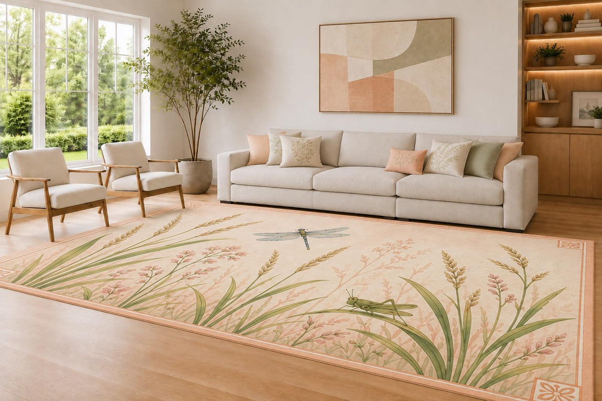 ICE ARMOR Large 6'7" x 9'10" Blush Pink and Cream Dragonfly Meadow Area Rug for Living Room, Soft Low Pile Carpet with Non-Slip Silicone Backing, Decor for Bedroom and Home Office