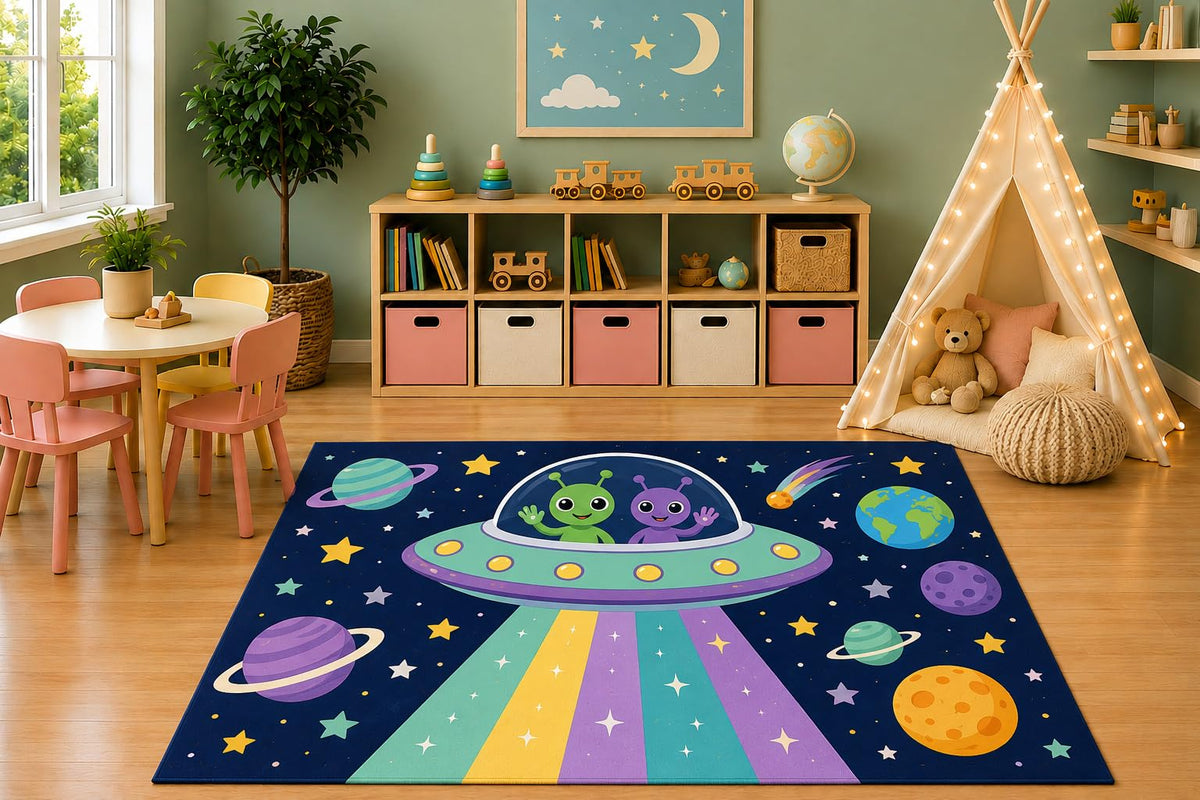 ICE ARMOR 5' x 7' Cute Alien Spaceship Area Rug, Cartoon UFO Outer Space Planets Stars Galaxy Kids Playroom Nursery Bedroom Decor, Non-Slip Silicone Backing Low Pile