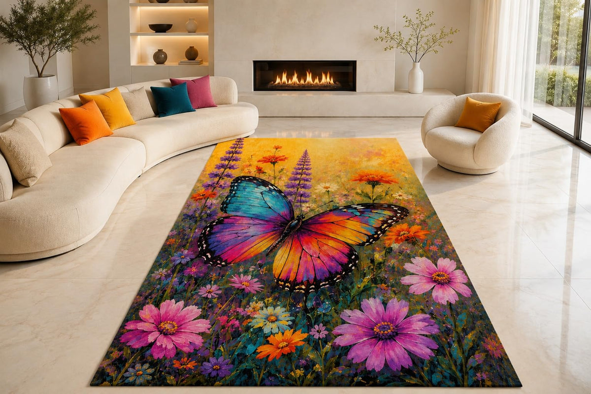 ICE ARMOR "Ultra Lightweight Large 6'7" x 9'10" Giant Floral Wings Area Rug for Living Room, Bedroom and Home Office, Soft Low Pile Carpet with Non-Slip Silicone Backing, Purple and Orange