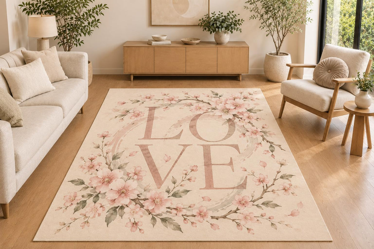 ICE ARMOR 5' x 7' Cherry Blossom Love Wreath Area Rug, Soft Low Pile Indoor Rug with Non-Slip Silicone Backing for Living Room, Bedroom, Office, Family Room, Cream Blush Pink