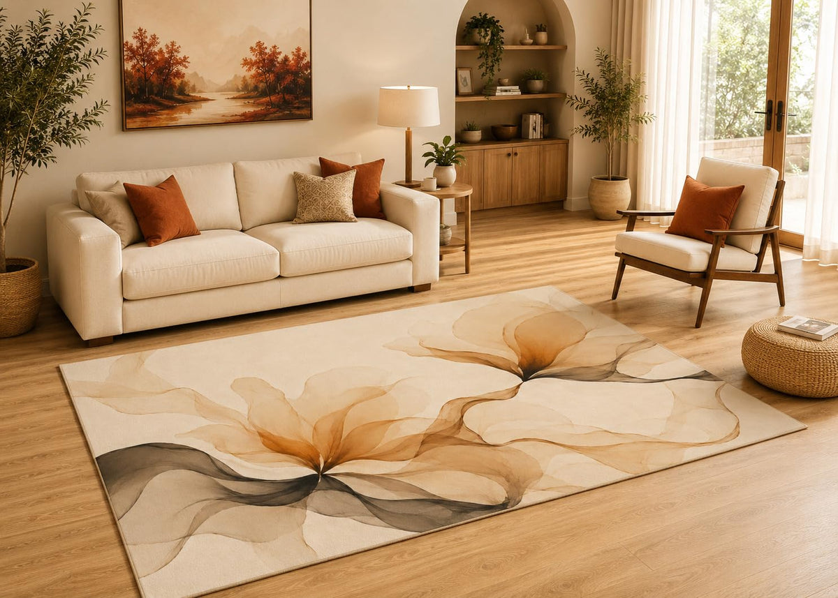ICE ARMOR 5' x 7' Neutral Abstract Floral Area Rug with Non-Slip Silicone Backing Low Pile Soft Carpet for Living Room Bedroom Beige Flower Decor