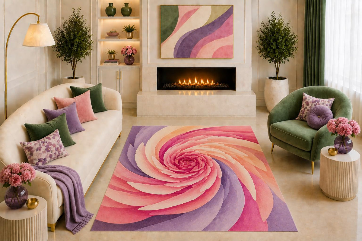 ICE ARMOR "Ultra Light Weight 5' x 7' Pink Spiral Flower Area Rug Abstract Petal Swirl Art Peach Lavender for Living Room Bedroom Girls Room Nursery Non-Slip Silicone Backing Low Pile