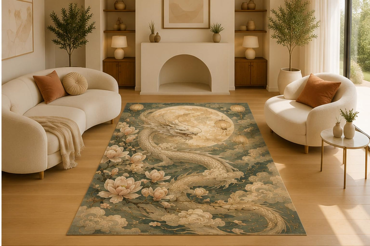 ICE ARMOR 5' x 7' Flying Dragon Mountain Area Rug for Living Room,Soft Low Pile Indoor Rug with Non-Slip Silicone Backing,Decorative Carpet for Bedroom,Dining Room,Office,Beige