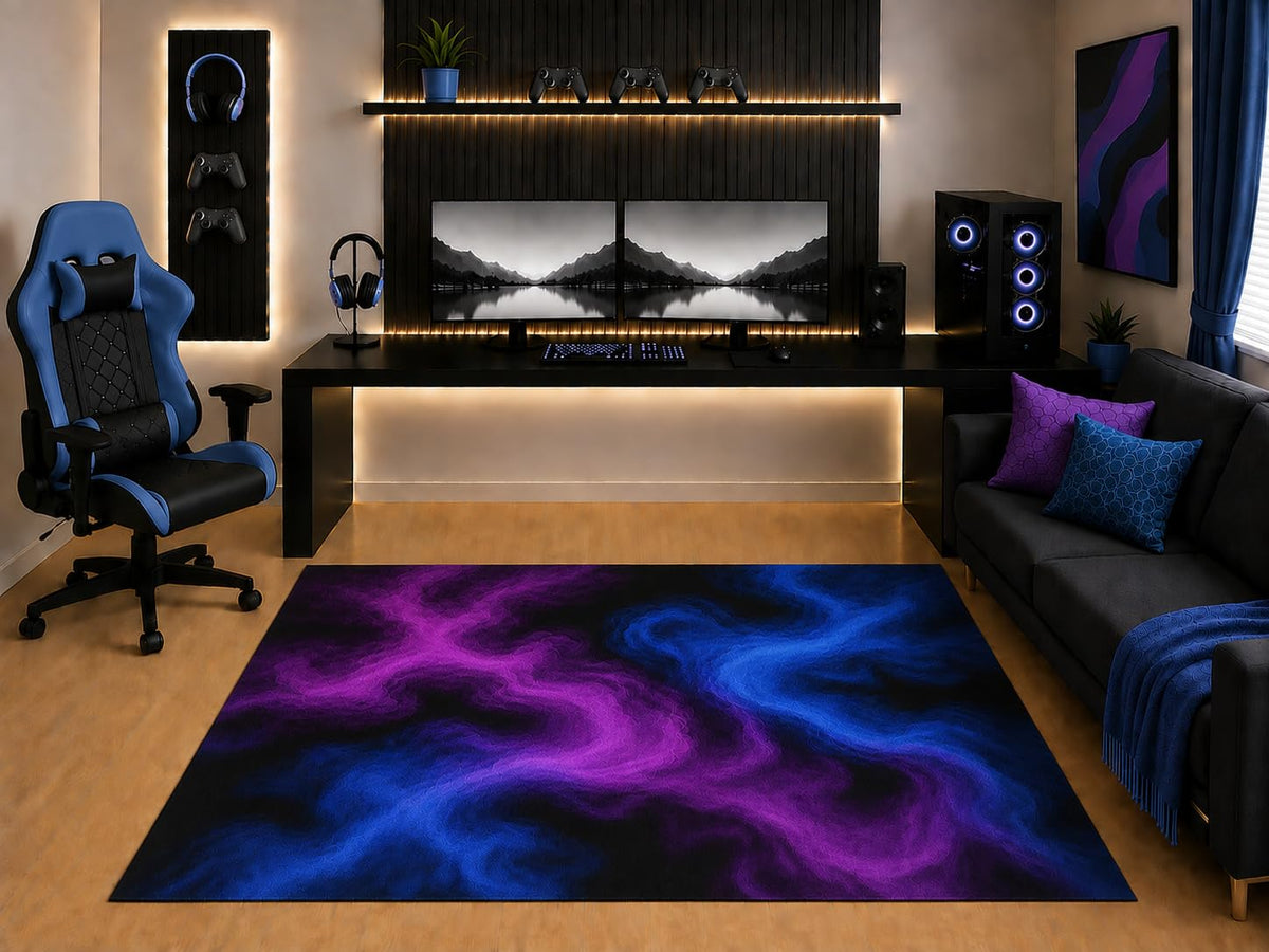ICE ARMOR "Ultra Light Weight 5' x 7' Blue Purple Neon Smoke Area Rug Modern Abstract Vapor Art for Gaming Room Bedroom Living Room Non-Slip Silicone Backing Low Pile