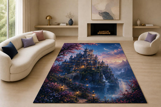 ICE ARMOR "Ultra Lightweight Large 6'7" x 9'10" Blossom Moon Castle Area Rug for Living Room, Bedroom and Home Office, Soft Low Pile Carpet with Non-Slip Silicone Backing, Blue and Purple