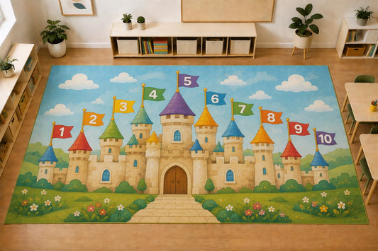 ICE ARMOR Large 6'7" x 9'10" Castle Number Flags Area Rug, Soft Low Pile Indoor Rug with Non-Slip Silicone Backing for Kids Room Playroom, Sky Blue