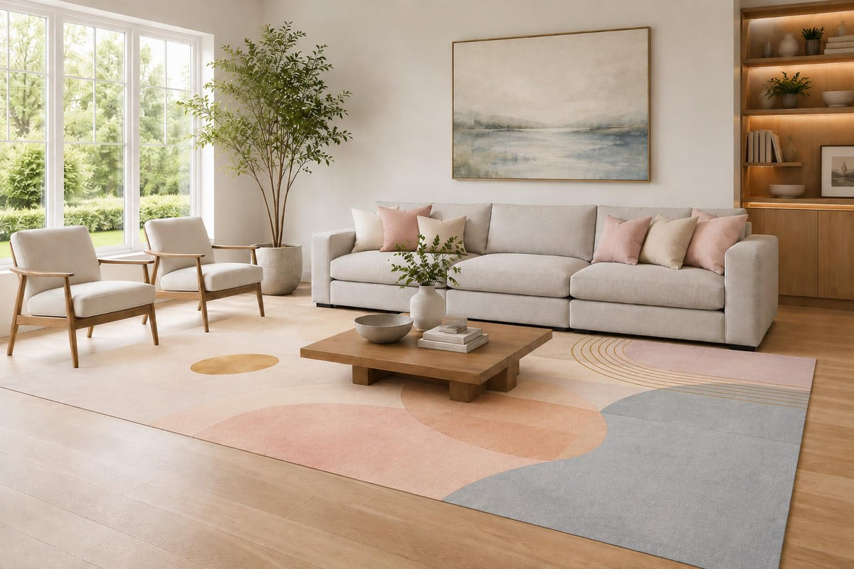 ICE ARMOR Large 6'7" x 9'10" Blush Pink and Gray Minimalist Geometric Area Rug for Living Room, Soft Low Pile Carpet with Non-Slip Silicone Backing, Decor for Bedroom and Home Office