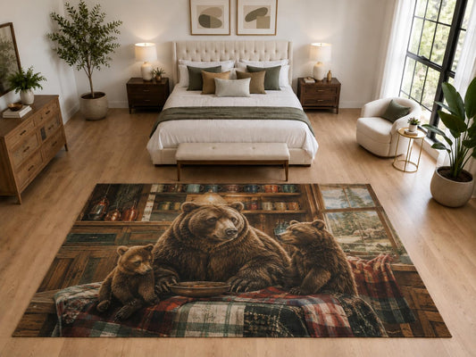 ICE ARMOR "Ultra Light Weight Large 6'7" x 9'10" Bear Family Cabin Rug, Soft Low Pile Indoor Rug, Non-Slip Silicone Backing for Family Room Brown