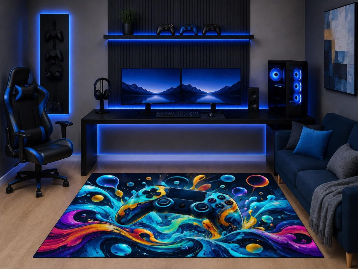 ICE ARMOR 5' x 7' Neon Gaming Controller Area Rug Abstract Galaxy Space Art Video Game Gamer Bedroom Game Room Playroom Office Decor Non-Slip Silicone Backing Low Pile