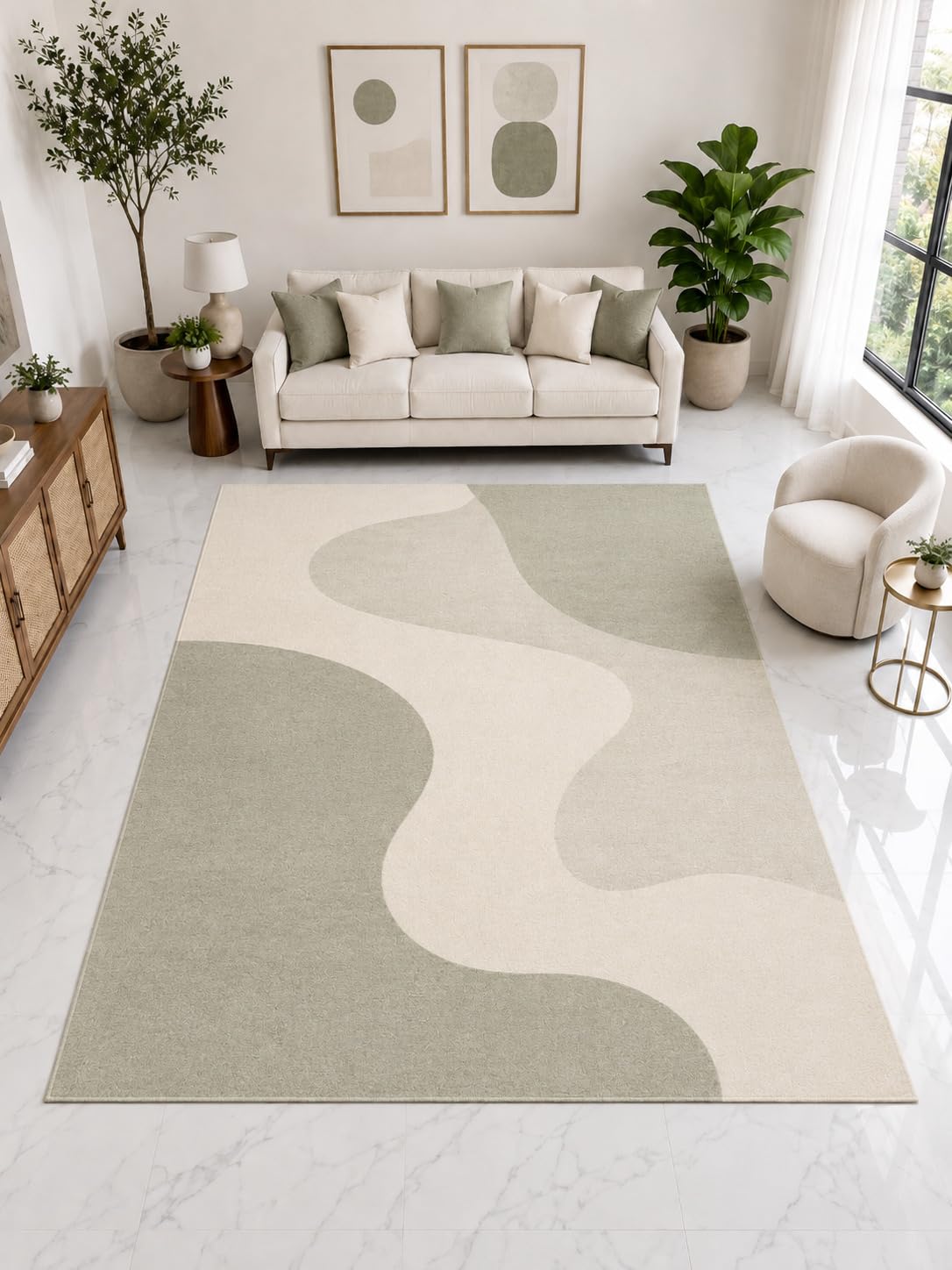 ICE ARMOR Large 6'7" x 9'10" Abstract Organic Shape Area Rug, Soft Low Pile Indoor Rug with Non-Slip Silicone Backing for Living Room, Ivory Sage