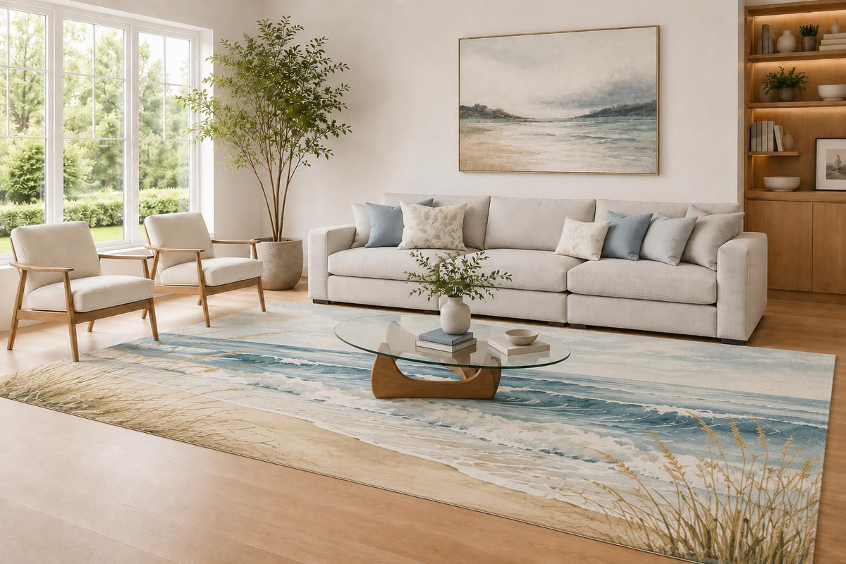 ICE ARMOR Large 6'7" x 9'10" Beige and Blue Coastal Waves Area Rug for Living Room, Soft Low Pile Carpet with Non-Slip Silicone Backing, Decor for Bedroom and Home Office