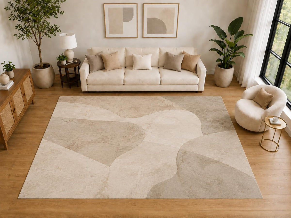ICE ARMOR "Ultra Light Weight Large 6'7" x 9'10" Organic Curved Abstract Area Rug, Soft Low Pile Indoor Rug and Non-Slip Silicone Backing for Living Room Bedroom, Beige