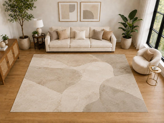 ICE ARMOR "Ultra Light Weight Large 6'7" x 9'10" Organic Curved Abstract Area Rug, Soft Low Pile Indoor Rug and Non-Slip Silicone Backing for Living Room Bedroom, Beige
