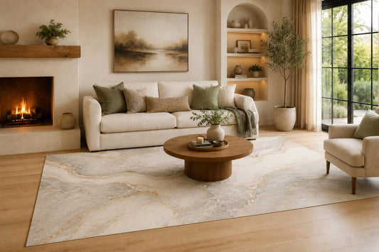ICE ARMOR Large 6'7" x 9'10" Gray, Ivory and Golden Color Marble Vein Area Rug for Living Room, Soft Low Pile Carpet with Non-Slip Silicone Backing, Decor for Bedroom and Home Office