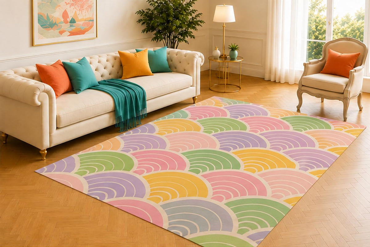 ICE ARMOR 5' x 7' Rainbow Scallop Area Rug, Modern Boho Arc Pattern in Pink Sage Green Lavender Yellow and Cream, Soft Low Pile Carpet for Living Room Nursery Bedroom