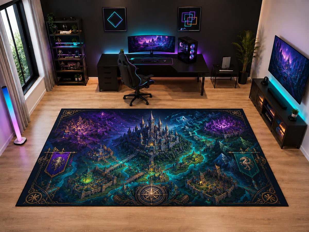 ICE ARMOR "Ultra Light Weight Large 6'7" x 9'10" Fantasy Kingdom Map Area Rug for Bedroom Family Room, Soft Low Pile Indoor Rug and Non-Slip Silicone Backing, Navy Blue