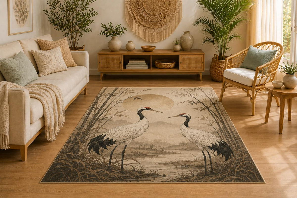 ICE ARMOR 5' x 7' Japanese Cranes Area Rug, Soft Low Pile Indoor Rug with Non-Slip Silicone Backing, Decorative Carpet for Living Room, Bedroom, Dining Room, Office, Oriental Nature Design