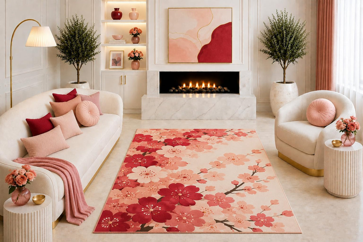 ICE ARMOR "Ultra Light Weight 5' x 7' Red Pink Cherry Blossom Area Rug, Japanese Floral Botanical Design for Living Room Bedroom Dining Room, Non-Slip Silicone Backing Low Pile