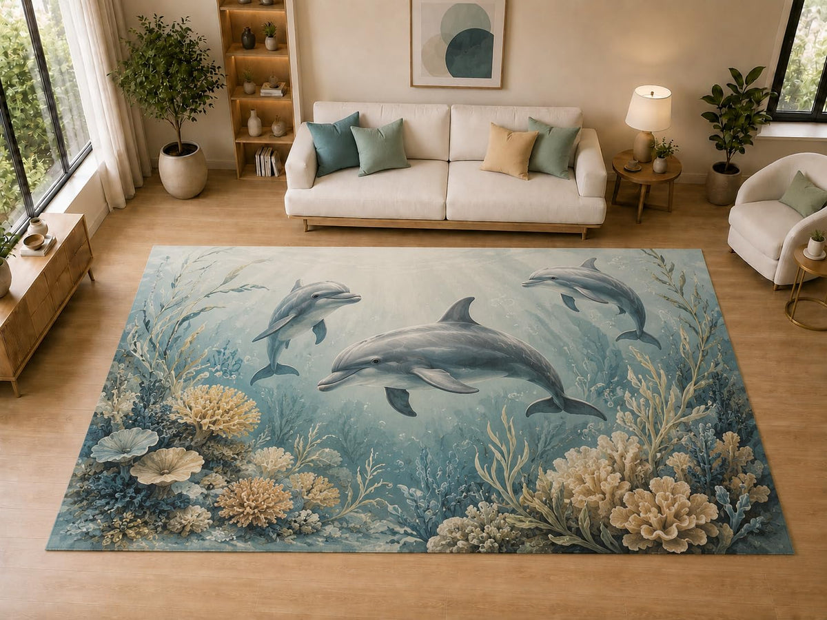 ICE ARMOR "Ultra Light Weight Large 6'7" x 9'10" Dolphin Reef, Living Room, Bedroom, Dining Room, Office, Family Room, Soft Low Pile Indoor Rug, Non-Slip Silicone Backing, Blue