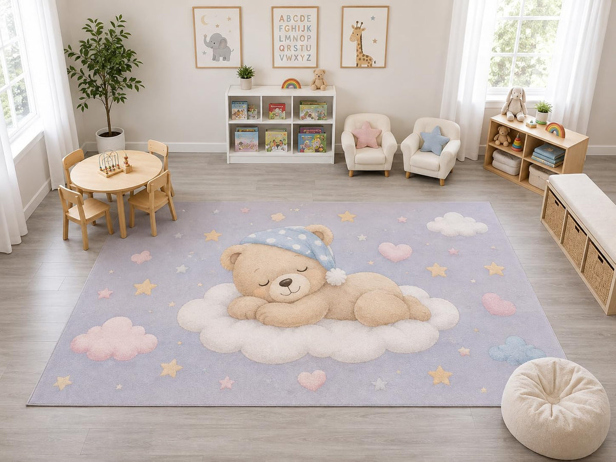 ICE ARMOR "Ultra Light Weight Large 6'7" x 9'10" Bear Cloud Rug, Soft Low Pile Indoor Rug, Non-Slip Silicone Backing Nursery Kids Pets Lavender