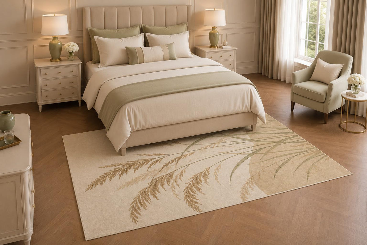 ICE ARMOR 5' x 7' Botanical Fern Area Rug, Neutral Nature Leaf Branch Living Room Bedroom Office Decor, Non-Slip Silicone Backing Low Pile Carpet