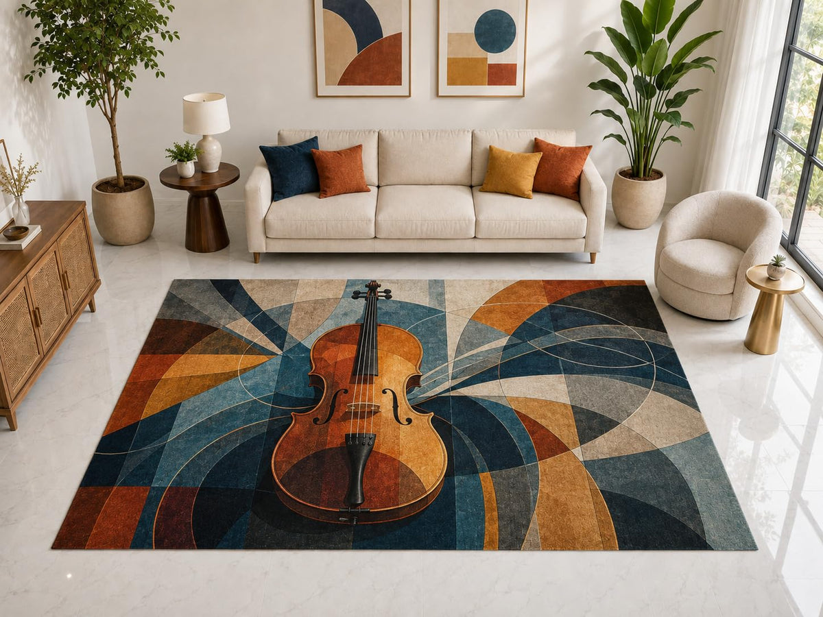 ICE ARMOR "Ultra Light Weight Large 6'7" x 9'10" Geometric Violin Rug, Soft Low Pile Indoor Rug, Non-Slip Silicone Backing for Living Room Blue