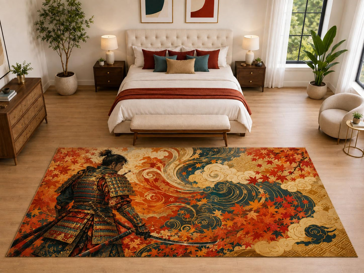 ICE ARMOR "Ultra Light Weight Large 6'7" x 9'10" Samurai Maple Waves Rug, Soft Low Pile Indoor Rug, Non-Slip Silicone Backing for Living Room Orange