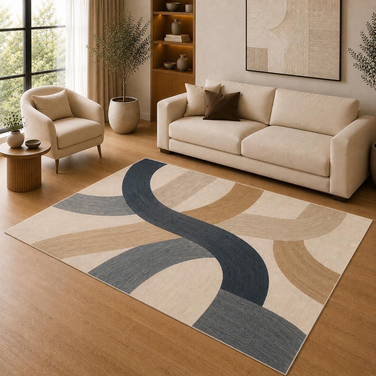 ICE ARMOR 5' x 7' Modern Curved Line Area Rug for Living Room, Soft Low Pile Indoor Rug with Non-Slip Silicone Backing, Decorative Carpet for Bedroom, Office, Family Room, Blue