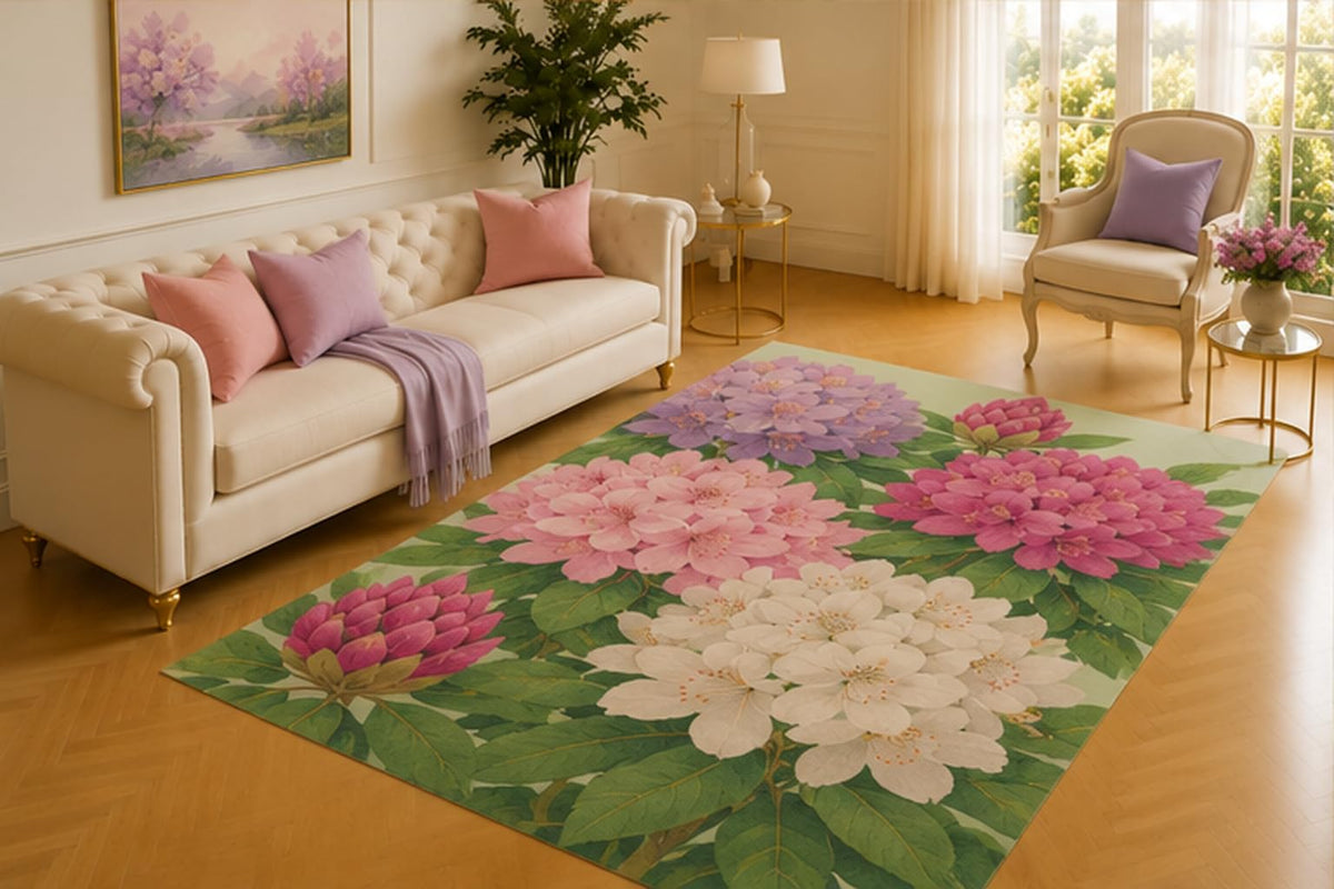 ICE ARMOR 5' x 7' Rhododendron Cluster Rug, Lavender, Magenta and White Flower Heads Against Rich Greenery, Graceful Covering for Lounge, Study or Reading Nook