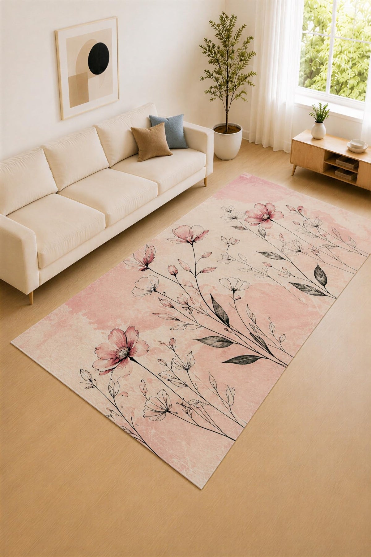 ICE ARMOR "Ultra Lightweight Large 6'7" x 9'10" Blush Pink and Black Botanical Sketch Area Rug for Living Room, Bedroom and Home Office, Soft Low Pile Carpet with Non-Slip Silicone Backing