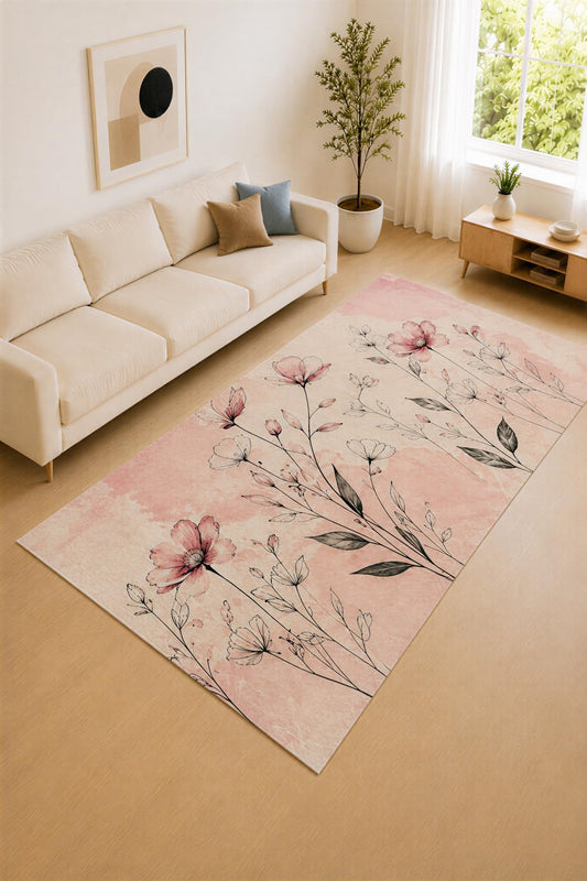 ICE ARMOR "Ultra Lightweight Large 6'7" x 9'10" Blush Pink and Black Botanical Sketch Area Rug for Living Room, Bedroom and Home Office, Soft Low Pile Carpet with Non-Slip Silicone Backing