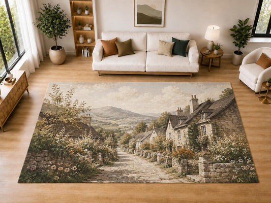 ICE ARMOR "Ultra Light Weight Large 6'7" x 9'10" Stone Cottage Village Street Area Rug for Living Room, Bedroom, Dining Room, Soft Low Pile Non-Slip Backing, Beige Green