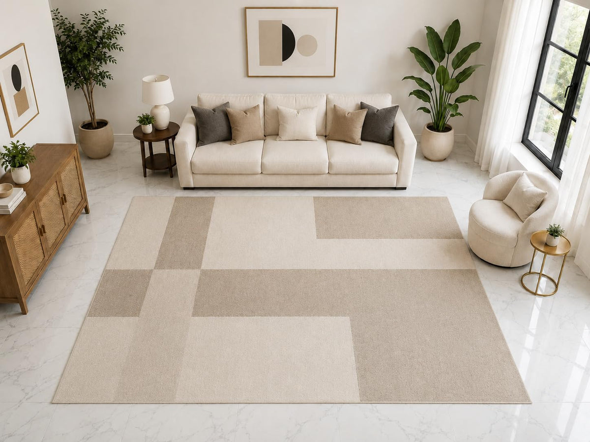 ICE ARMOR "Ultra Light Weight Large 6'7" x 9'10" Minimal Geometric Block Rug, Soft Low Pile Indoor Rug, Non-Slip Silicone Backing Living Room Beige
