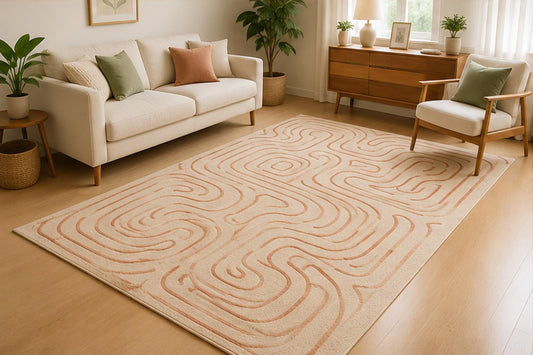 ICE ARMOR 5' x 7' Organic Contour Line Area Rug for Living Room, Soft Low Pile Indoor Rug with Non-Slip Silicone Backing, Contemporary Carpet for Bedroom, Dining Room, Office, Peach Ivory