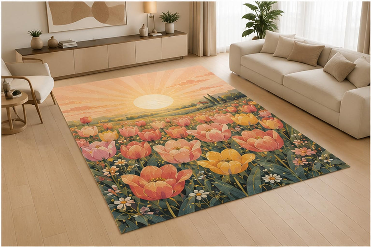 ICE ARMOR 5' x 7' Moonlit Floral Garden Area Rug for Living Room, Soft Low Pile Indoor Rug with Non-Slip Silicone Backing, Decorative Carpet for Bedroom, Nursery, Family Room, Purple Pink