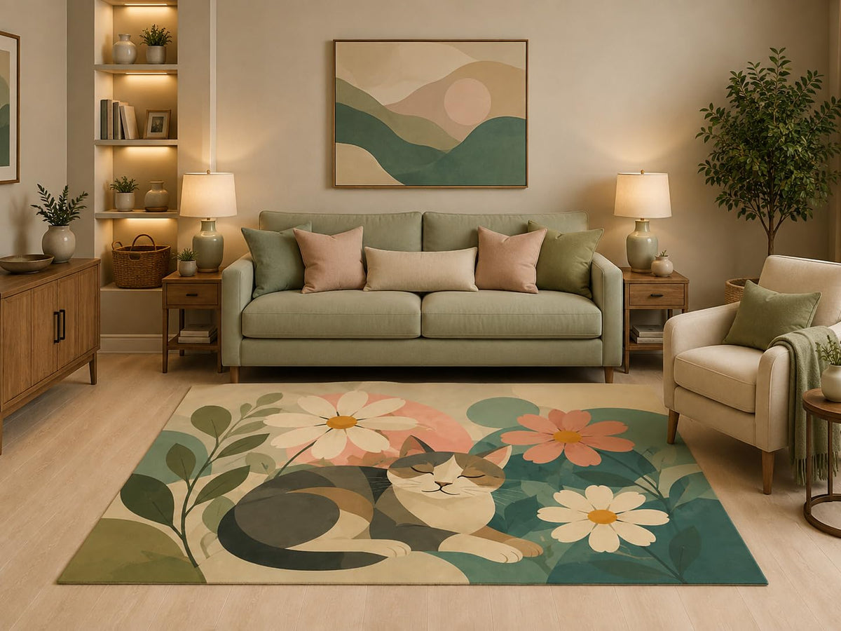 ICE ARMOR 5' x 7' Scandinavian Floral Cat Area Rug Cute Sleeping Kitten Daisy Garden Botanical Design for Living Room Bedroom Nursery Kids Room Non-Slip Silicone Backing Low Pile