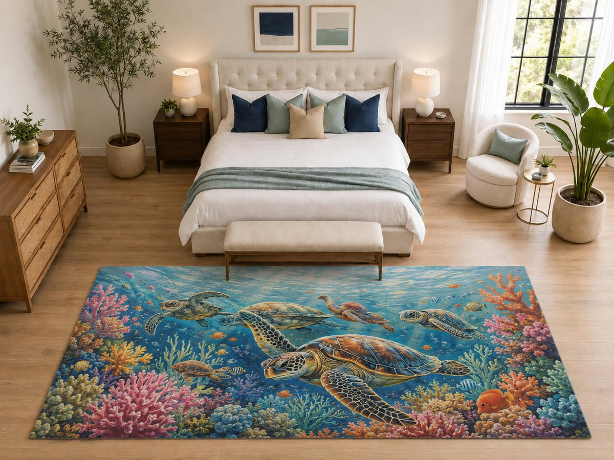 ICE ARMOR "Ultra Light Weight Large 6'7" x 9'10" Sea Turtle Reef Rug Family Room, Soft Low Pile Indoor Rug and Non-Slip Silicone Backing, Blue