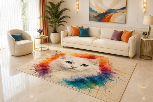 ICE ARMOR 5' x 7' Colorful Cat Area Rug, Watercolor White Kitten Pet Art Living Room Bedroom Kids Room Decor, Non-Slip Silicone Backing Low Pile Indoor Carpet