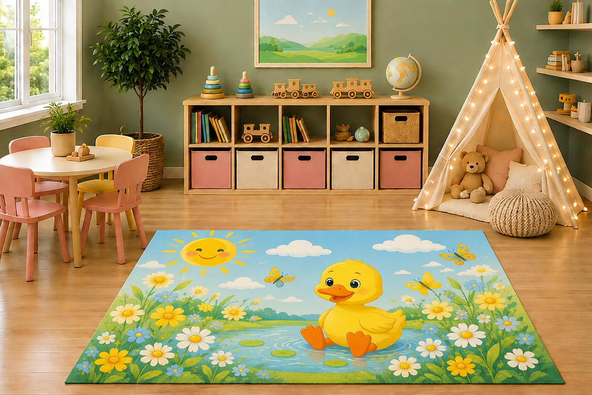 ICE ARMOR 5' x 7' Duck Flower Meadow Area Rug, Cute Cartoon Duck Wildflowers Butterflies Pond Nature Kids Playroom Nursery Decor, Non-Slip Silicone Backing Low Pile