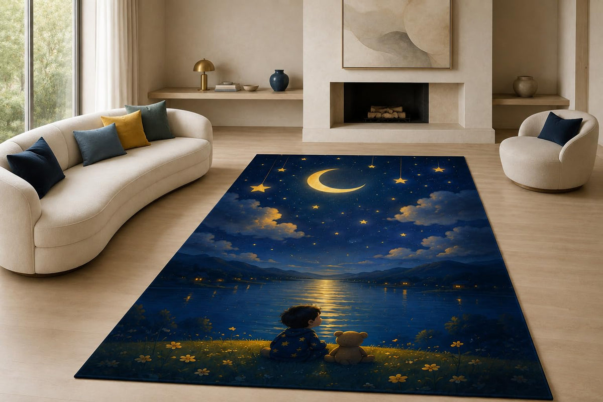 ICE ARMOR "Ultra Lightweight Large 6'7" x 9'10" Teddy Moon Friends Area Rug for Living Room, Bedroom and Home Office, Soft Low Pile Carpet with Non-Slip Silicone Backing, Blue and Yellow
