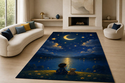 ICE ARMOR "Ultra Lightweight Large 6'7" x 9'10" Teddy Moon Friends Area Rug for Living Room, Bedroom and Home Office, Soft Low Pile Carpet with Non-Slip Silicone Backing, Blue and Yellow