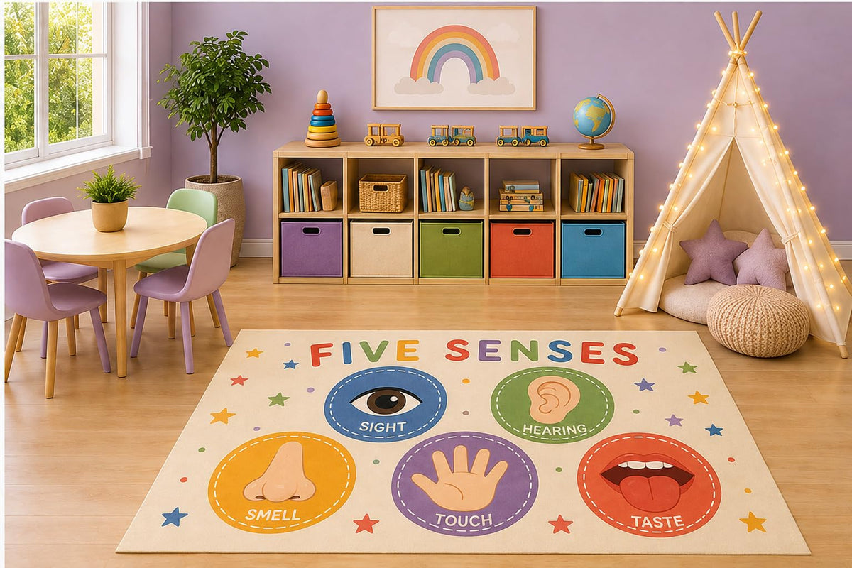 ICE ARMOR 5' x 7' Five Senses Area Rug, Educational Human Body Learning Play Mat Featuring Sight Hearing Smell Touch and Taste for Kids Classroom, Non-Slip Silicone Backing Low Pile