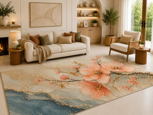 ICE ARMOR 6'7" x 9'10" Cherry Blossom Branch Area Rug for Living Room, Soft Low Pile Carpet with Non-Slip Silicone Backing, for Bedroom, Dining Area and Office, Pink, Contemporary Home Decor