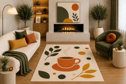ICE ARMOR "Ultra Light Weight 5' x 7' Boho Botanical Area Rug Orange Mustard Olive Green Coffee Cup Leaf Design for Kitchen Dining Room Living Room Cafe Non-Slip Silicone Backing Low Pile