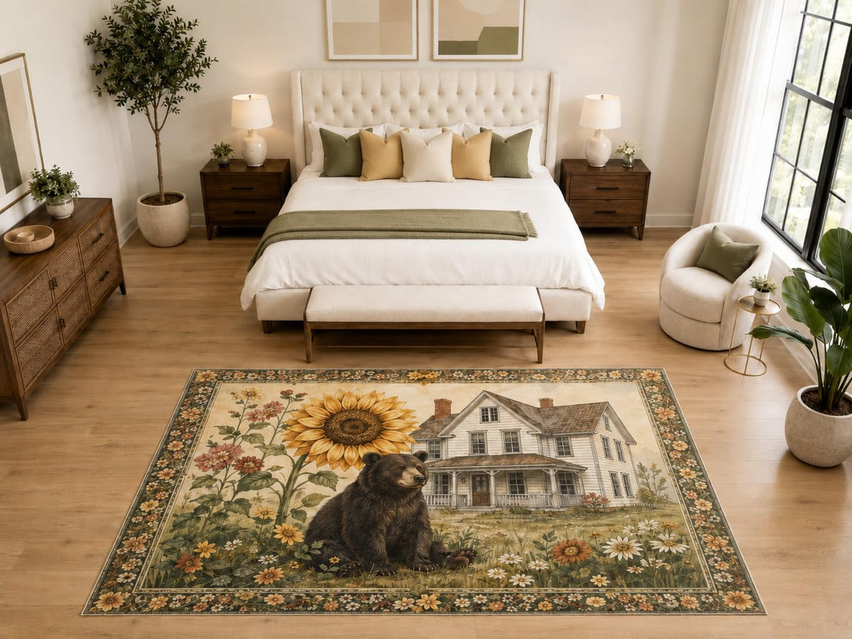 ICE ARMOR "Ultra Light Weight Large 6'7" x 9'10" Bear Sunflower Farm Area Rug, Soft Low Pile Indoor Rug, Non-Slip Silicone Backing, Bedroom, Beige